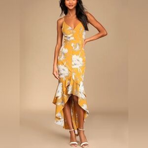 NWT Lulu's Darling Daylily Mustard Yellow Floral Print High Low Maxi Dress XS